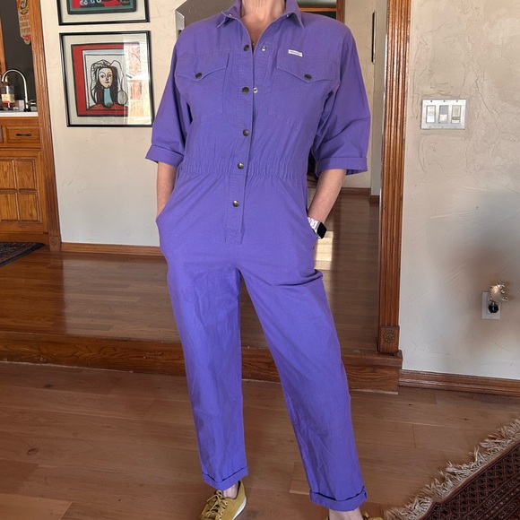 Vintage 1980s Purple Utility Jumpsuit ⚡ Snap Front / Elastic Waist - Picture 2 of 12